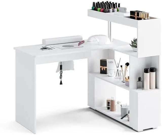 Main image of Manicure Table, L-Shaped Nail Tech Desk with Dust Collector, Reversible Rotating Table & Storage Shelf, Acetone Resistant Beauty Salon Station, White