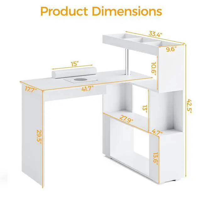 Alt view image 3 of 7 - Manicure Table, L-Shaped Nail Tech Desk with Dust Collector, Reversible Rotating Table & Storage Shelf, Acetone Resistant Beauty Salon Station, White