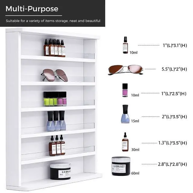Alt view image 5 of 7 - Wood Nail Polish Rack, Wall Mount Nail Polish Organizer, 6 Layers Nail Salon Storage Display Shelves Perfume Bottles Essential Oil Holder w/Acrylic Baffle, White