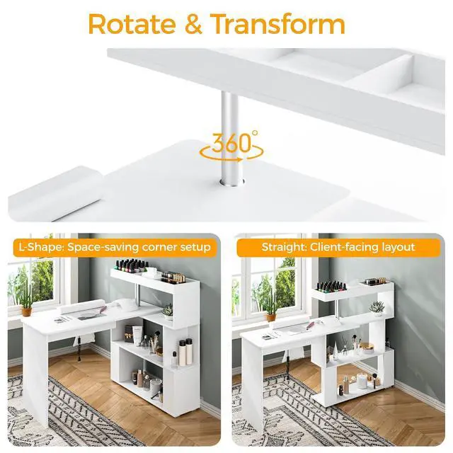 Alt view image 5 of 7 - Manicure Table, L-Shaped Nail Tech Desk with Dust Collector, Reversible Rotating Table & Storage Shelf, Acetone Resistant Beauty Salon Station, White