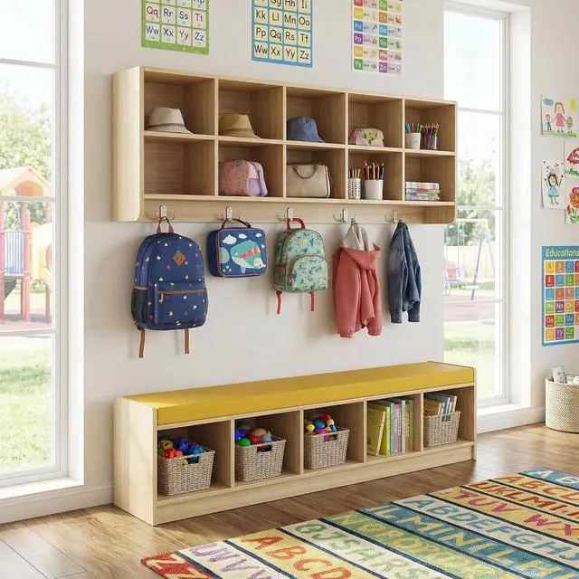 Alt view image 6 of 7 - Set Wall Cubbies 10 Section with Hooks and PU Cushion Shoe Storage Bench, Hanging Wall Mount Wooden Classroom Cubbies, Daycare Shelves for Home, School, Nursery, Kindergarten