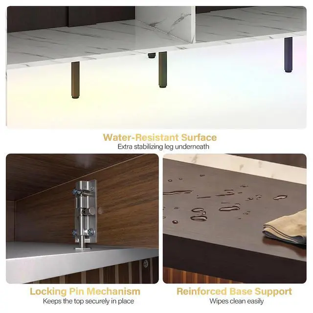 Alt view image 7 of 7 - 62" Sliding Top Expandable Bar Table with LED Lights, Counter Height Home Bar Cabinet with Shelves & Storage, Marble Finish Modern Bar Island for Kitchen, Living Room, Basement