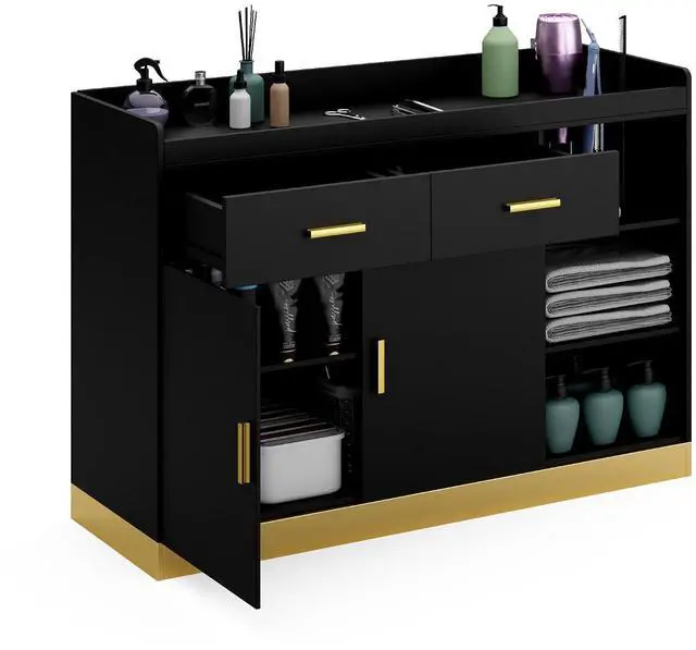 Main image of Salon Storage Cabinet Barber Station, Free Standing Hair Styling Station with Drawers, Hair Dryer Holders and Adjustable Shelves, Beauty Salon Spa Equipment