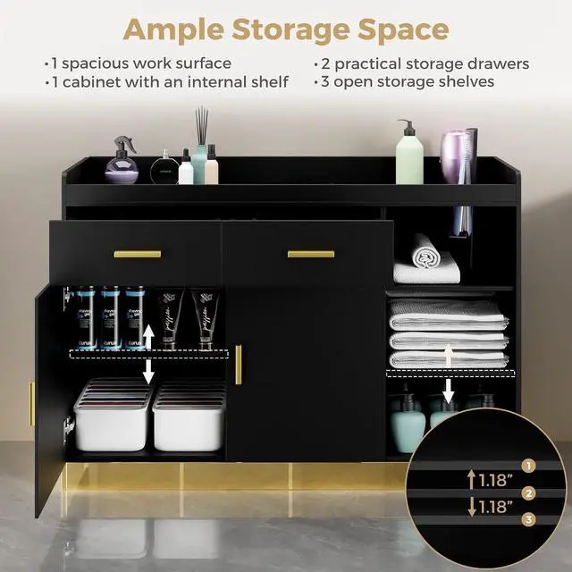 Alt view image 4 of 7 - Salon Storage Cabinet Barber Station, Free Standing Hair Styling Station with Drawers, Hair Dryer Holders and Adjustable Shelves, Beauty Salon Spa Equipment