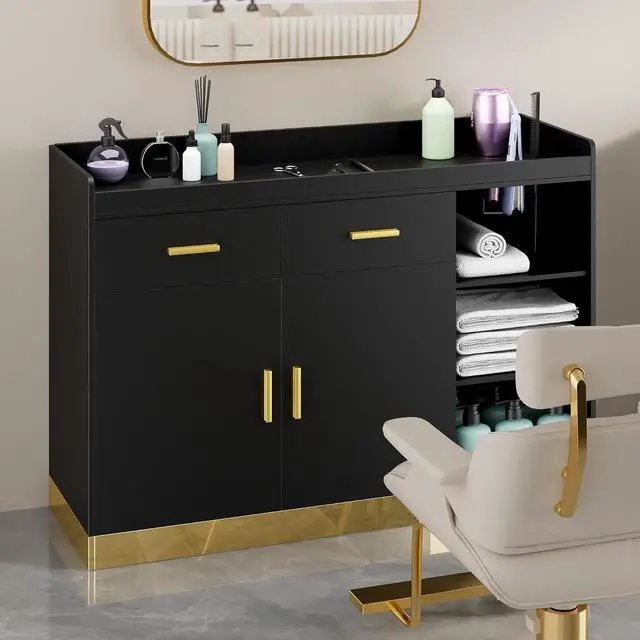 Alt view image 6 of 7 - Salon Storage Cabinet Barber Station, Free Standing Hair Styling Station with Drawers, Hair Dryer Holders and Adjustable Shelves, Beauty Salon Spa Equipment