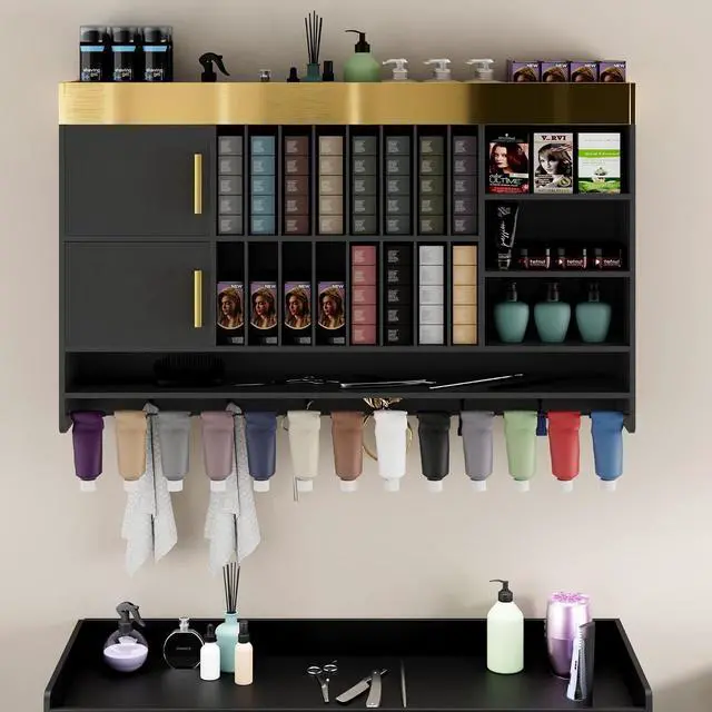 Main image of Hair Color Organizer Rack, Wall Mounted Salon Station with Storage Cabinet and Adjustable Shelves, Holds 100+ Hair Dye Tubes, Barbershop Beauty and Spa Furniture