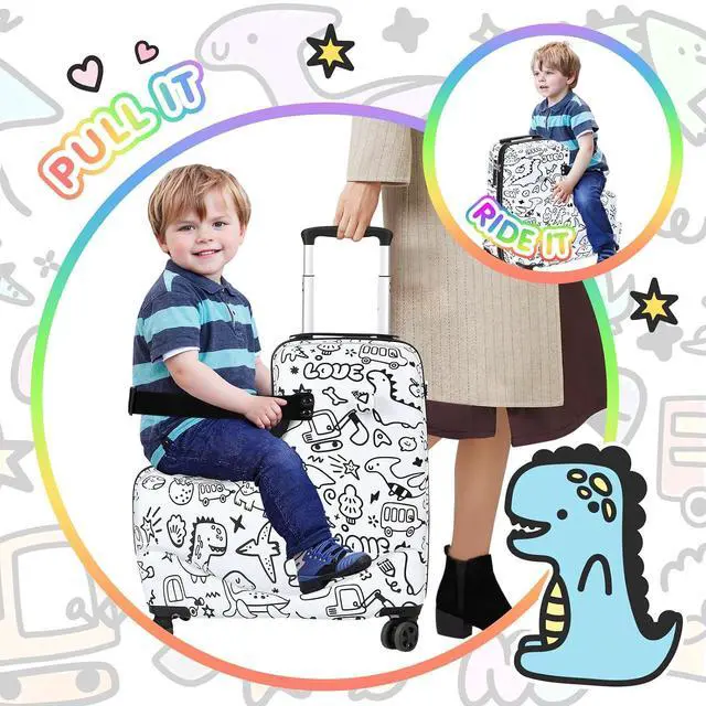 Alt view image 2 of 7 - Kids Ride-On Suitcase, Hardshell Luggage with Safety Belt & TSA Lock | DIY Coloring Design, 4 Spinner Wheels, Safety Belt, Foot Pedal, Lightweight & Durable Shell, Stable Ride Design