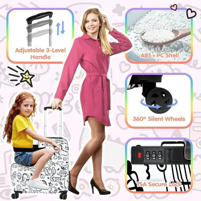 Alt view image 4 of 7 - Kids Ride-On Suitcase, Hardshell Luggage with Safety Belt & TSA Lock | DIY Coloring Design, 4 Spinner Wheels, Safety Belt, Foot Pedal, Lightweight & Durable Shell, Stable Ride Design