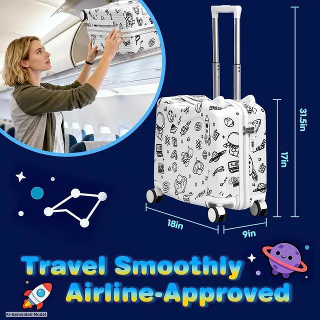 Alt view image 6 of 7 - Kids Ride-On Suitcase with Cute Ears, 20" Carry-On Luggage with TSA Lock | DIY Coloring Design, 4 Spinner Wheels, Pull Rope, Foot Pedal, Lightweight & Durable Shell, Stable Ride Design