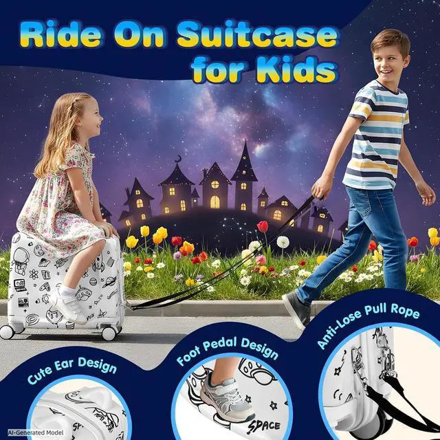 Alt view image 7 of 7 - Kids Ride-On Suitcase with Cute Ears, 20" Carry-On Luggage with TSA Lock | DIY Coloring Design, 4 Spinner Wheels, Pull Rope, Foot Pedal, Lightweight & Durable Shell, Stable Ride Design