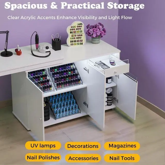Alt view image 4 of 7 - L-Shaped Manicure Table with Dust Collector, Nail Tech Desk with Storage Cabinet, Drawer, Rotating & Convertible Nail Workstation with LED Light, White