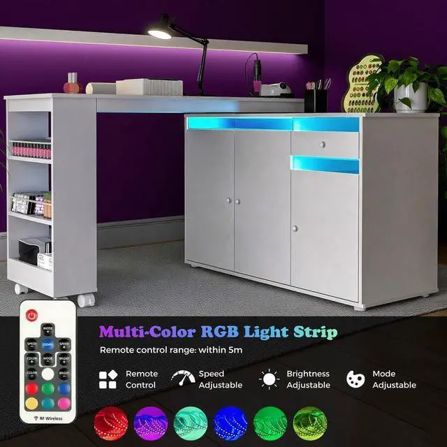 Alt view image 6 of 7 - L-Shaped Manicure Table with Dust Collector, Nail Tech Desk with Storage Cabinet, Drawer, Rotating & Convertible Nail Workstation with LED Light, White