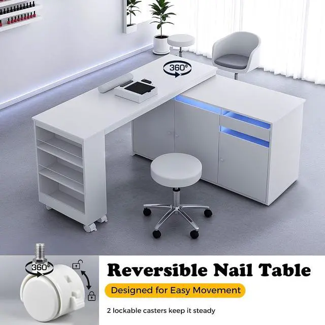 Alt view image 7 of 7 - L-Shaped Manicure Table with Dust Collector, Nail Tech Desk with Storage Cabinet, Drawer, Rotating & Convertible Nail Workstation with LED Light, White