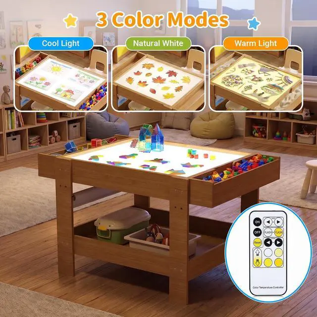 Alt view image 3 of 7 - 5-in-1 Light Table for Kids with Reversible Tabletop & Storage Space | Sensory Activity Table, Reversible Tabletop with Building Block & Painting Surface, 3-Color Light Box for Preschool Playroom