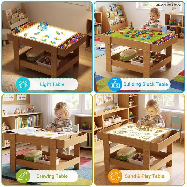 Alt view image 5 of 7 - 5-in-1 Light Table for Kids with Reversible Tabletop & Storage Space | Sensory Activity Table, Reversible Tabletop with Building Block & Painting Surface, 3-Color Light Box for Preschool Playroom