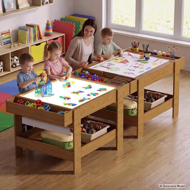 Alt view image 6 of 7 - 5-in-1 Light Table for Kids with Reversible Tabletop & Storage Space | Sensory Activity Table, Reversible Tabletop with Building Block & Painting Surface, 3-Color Light Box for Preschool Playroom