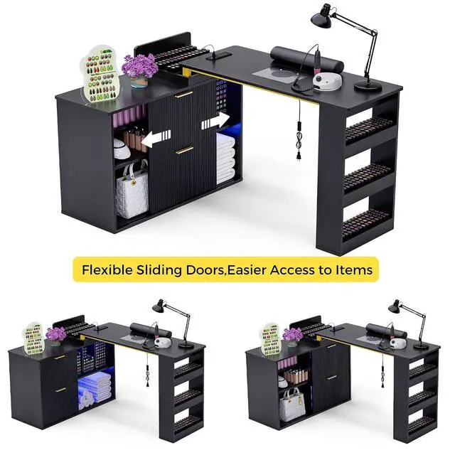 Alt view image 6 of 7 - Manicure Table with LED Light, L-Shaped Nail Tech Table w/ Dust Collector & Power Outlets, Corner Nail Station Length Adjustable Nail Desk w/ Sliding Cabinet Door for Home Spa Beauty Salon, Black