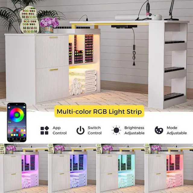 Alt view image 2 of 7 - Manicure Table with LED Light, L-Shaped Nail Tech Table w/ Dust Collector & Power Outlets, Corner Nail Station Length Adjustable Nail Desk w/ Sliding Cabinet Door for Home Spa Beauty Salon, White
