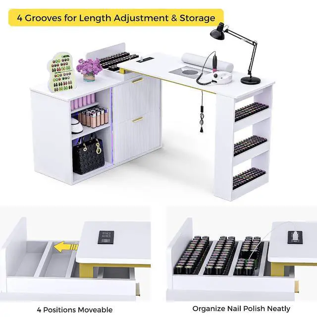 Alt view image 5 of 7 - Manicure Table with LED Light, L-Shaped Nail Tech Table w/ Dust Collector & Power Outlets, Corner Nail Station Length Adjustable Nail Desk w/ Sliding Cabinet Door for Home Spa Beauty Salon, White