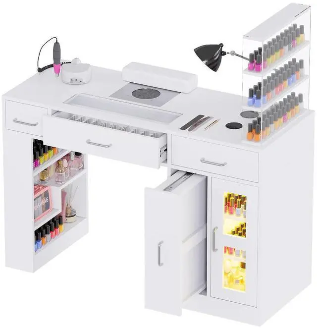 Main image of Manicure Table Nail Tech Desk w/Glass Top Drawer, Nail Tech Table w/Movable Shelves, Dust Collector, Wireless Charging, Cabinet, LED Lights, Acetone-Resistant Salon Workstation (White)