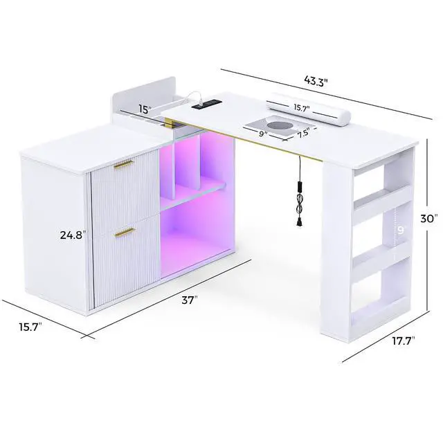 Alt view image 7 of 7 - Manicure Table with LED Light, L-Shaped Nail Tech Table w/ Dust Collector & Power Outlets, Corner Nail Station Length Adjustable Nail Desk w/ Sliding Cabinet Door for Home Spa Beauty Salon, White