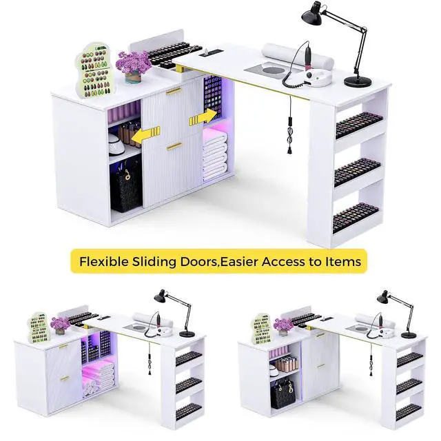 Alt view image 6 of 7 - Manicure Table with LED Light, L-Shaped Nail Tech Table w/ Dust Collector & Power Outlets, Corner Nail Station Length Adjustable Nail Desk w/ Sliding Cabinet Door for Home Spa Beauty Salon, White