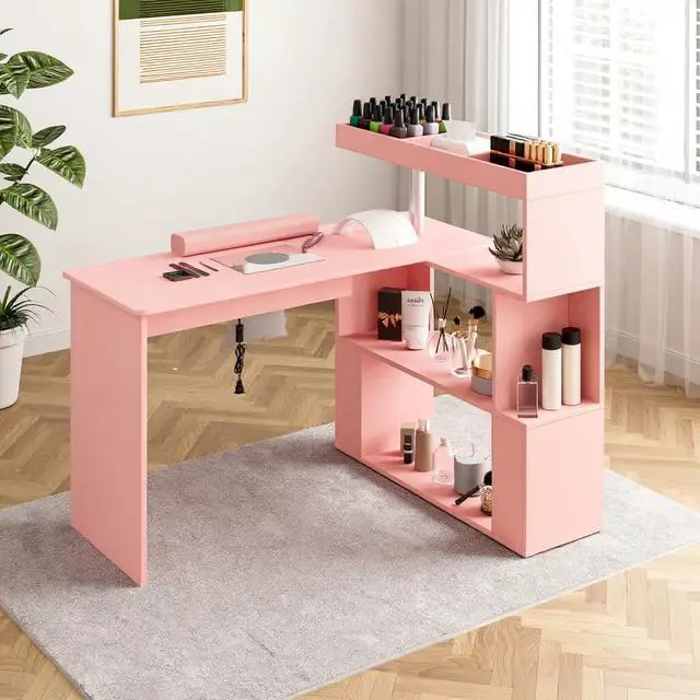 Alt view image 2 of 7 - Manicure Table, L-Shaped Nail Tech Desk with Dust Collector, Reversible Rotating Table & Storage Shelf, Acetone Resistant Beauty Salon Station, Pink