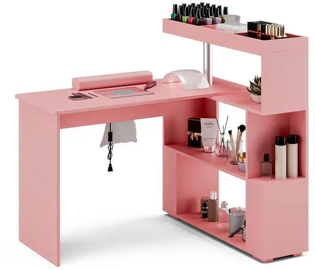 Main image of Manicure Table, L-Shaped Nail Tech Desk with Dust Collector, Reversible Rotating Table & Storage Shelf, Acetone Resistant Beauty Salon Station, Pink