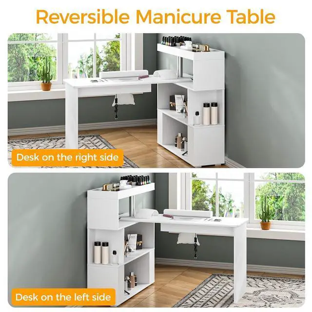 Alt view image 7 of 7 - Manicure Table, L-Shaped Nail Tech Desk with Dust Collector, Reversible Rotating Table & Storage Shelf, Acetone Resistant Beauty Salon Station, White