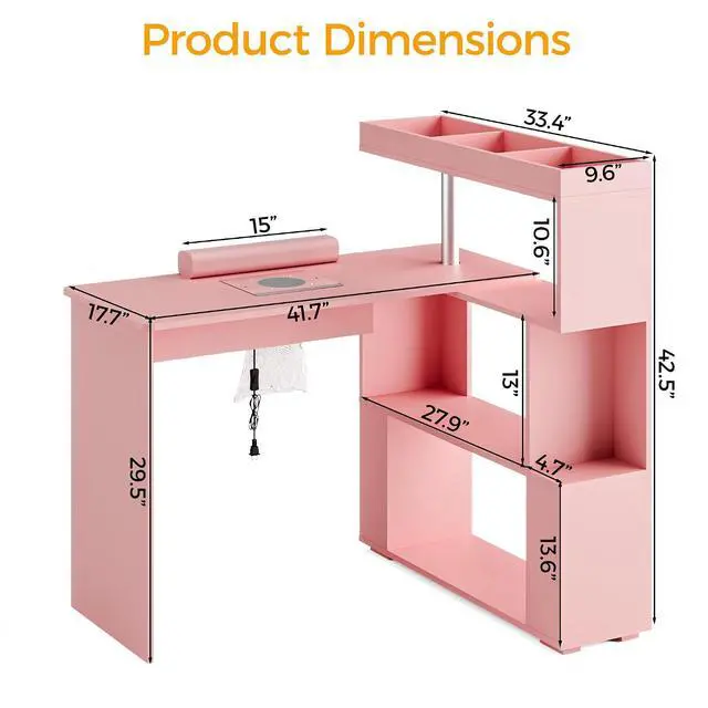 Alt view image 3 of 7 - Manicure Table, L-Shaped Nail Tech Desk with Dust Collector, Reversible Rotating Table & Storage Shelf, Acetone Resistant Beauty Salon Station, Pink
