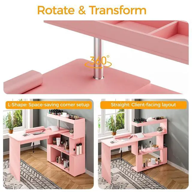 Alt view image 5 of 7 - Manicure Table, L-Shaped Nail Tech Desk with Dust Collector, Reversible Rotating Table & Storage Shelf, Acetone Resistant Beauty Salon Station, Pink