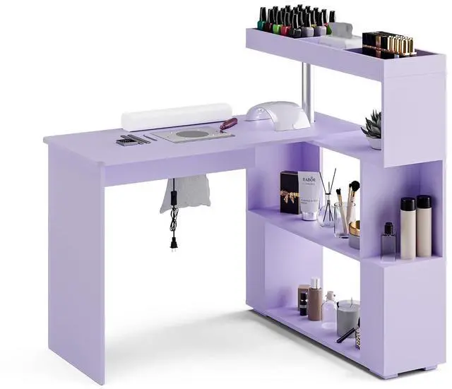 Main image of Manicure Table, L-Shaped Nail Tech Desk with Dust Collector, Reversible Rotating Table & Storage Shelf, Acetone Resistant Beauty Salon Station, Purple