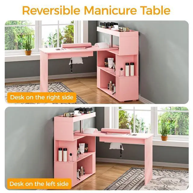 Alt view image 7 of 7 - Manicure Table, L-Shaped Nail Tech Desk with Dust Collector, Reversible Rotating Table & Storage Shelf, Acetone Resistant Beauty Salon Station, Pink