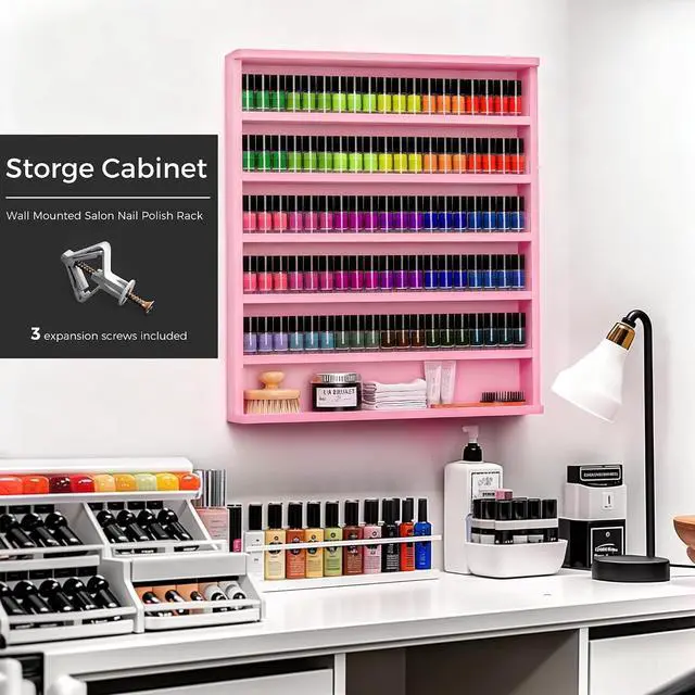 Alt view image 5 of 7 - Wood Nail Polish Rack, Wall Mount Nail Polish Organizer, 6 Layers Nail Salon Storage Display Shelves Perfume Bottles Essential Oil Holder w/Acrylic Baffle, Pink