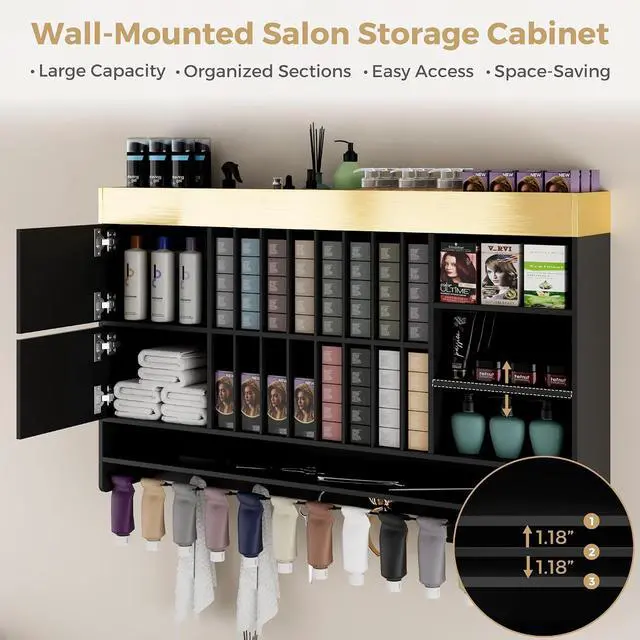 Alt view image 3 of 7 - Hair Color Organizer Rack, Wall Mounted Salon Station with Storage Cabinet and Adjustable Shelves, Holds 100+ Hair Dye Tubes, Barbershop Beauty and Spa Furniture