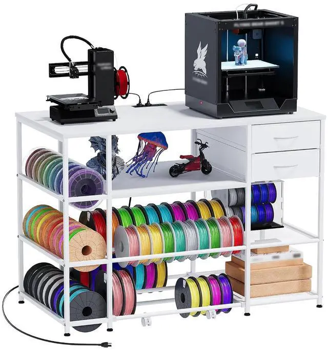 Main image of 3D Printer Stand with Rolling Filament Drawer (White) | Heavy Duty Metal Frame, 3-Tier Filament Storage, Built-in Power Outlet, 65 Spools Capacity for Garage, Studio, and Office