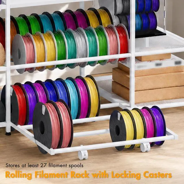Alt view image 4 of 7 - 3D Printer Stand with Rolling Filament Drawer (White) | Heavy Duty Metal Frame, 3-Tier Filament Storage, Built-in Power Outlet, 65 Spools Capacity for Garage, Studio, and Office