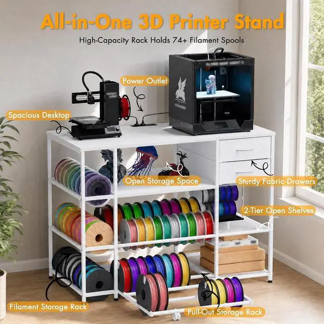Alt view image 3 of 7 - 3D Printer Stand with Rolling Filament Drawer (White) | Heavy Duty Metal Frame, 3-Tier Filament Storage, Built-in Power Outlet, 65 Spools Capacity for Garage, Studio, and Office