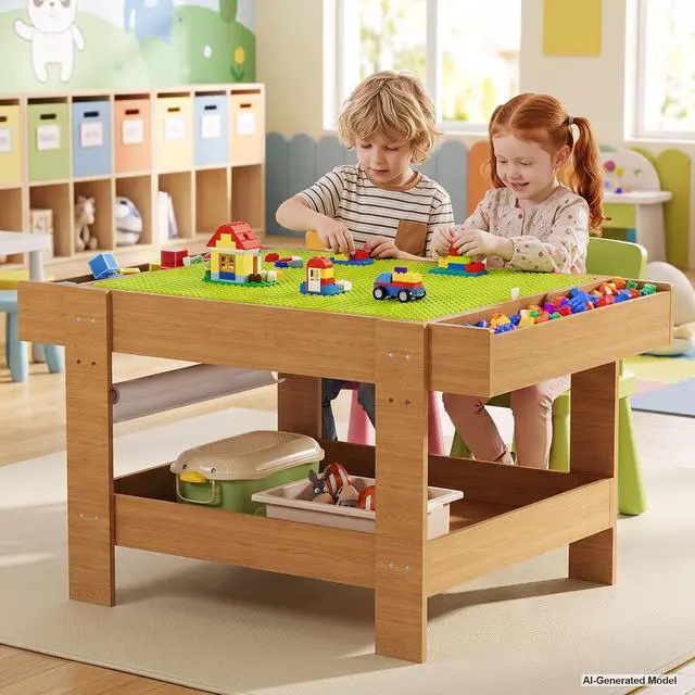 Alt view image 7 of 7 - 5-in-1 Light Table for Kids with Reversible Tabletop & Storage Space | Sensory Activity Table, Reversible Tabletop with Building Block & Painting Surface, 3-Color Light Box for Preschool Playroom