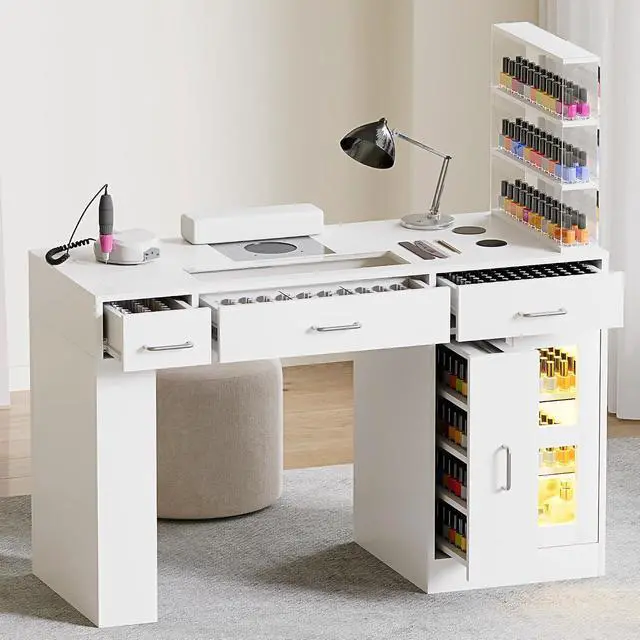 Alt view image 2 of 7 - Manicure Table Nail Tech Desk w/Glass Top Drawer, Nail Tech Table w/Movable Shelves, Dust Collector, Wireless Charging, Cabinet, LED Lights, Acetone-Resistant Salon Workstation (White)