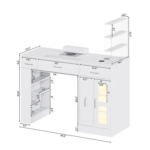 Alt view image 3 of 7 - Manicure Table Nail Tech Desk w/Glass Top Drawer, Nail Tech Table w/Movable Shelves, Dust Collector, Wireless Charging, Cabinet, LED Lights, Acetone-Resistant Salon Workstation (White)