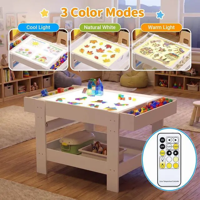 Alt view image 3 of 7 - 5-in-1 Light Table for Kids with Reversible Tabletop & Storage Space | Sensory Activity Table, Reversible Tabletop with Building Block & Painting Surface, 3-Color Light Box for Preschool Playroom