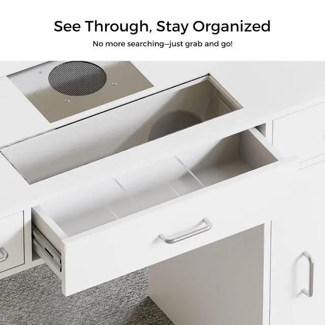 Alt view image 4 of 7 - Manicure Table Nail Tech Desk w/Glass Top Drawer, Nail Tech Table w/Movable Shelves, Dust Collector, Wireless Charging, Cabinet, LED Lights, Acetone-Resistant Salon Workstation (White)