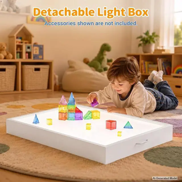Alt view image 4 of 7 - 5-in-1 Light Table for Kids with Reversible Tabletop & Storage Space | Sensory Activity Table, Reversible Tabletop with Building Block & Painting Surface, 3-Color Light Box for Preschool Playroom