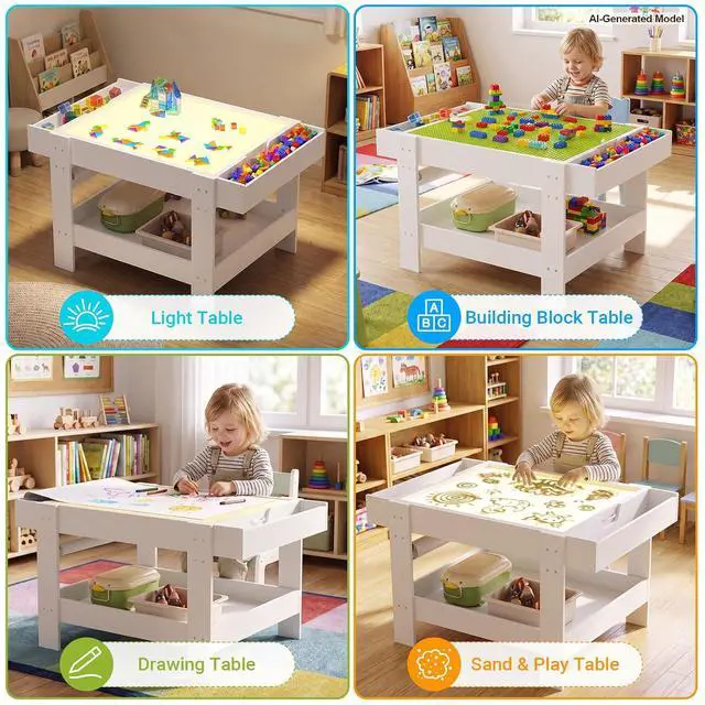Alt view image 5 of 7 - 5-in-1 Light Table for Kids with Reversible Tabletop & Storage Space | Sensory Activity Table, Reversible Tabletop with Building Block & Painting Surface, 3-Color Light Box for Preschool Playroom