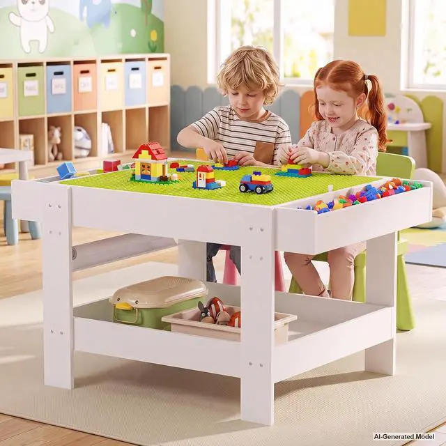 Alt view image 7 of 7 - 5-in-1 Light Table for Kids with Reversible Tabletop & Storage Space | Sensory Activity Table, Reversible Tabletop with Building Block & Painting Surface, 3-Color Light Box for Preschool Playroom