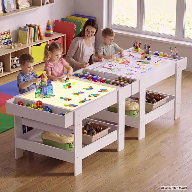 Alt view image 6 of 7 - 5-in-1 Light Table for Kids with Reversible Tabletop & Storage Space | Sensory Activity Table, Reversible Tabletop with Building Block & Painting Surface, 3-Color Light Box for Preschool Playroom
