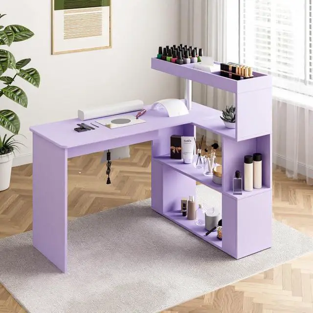 Alt view image 2 of 7 - Manicure Table, L-Shaped Nail Tech Desk with Dust Collector, Reversible Rotating Table & Storage Shelf, Acetone Resistant Beauty Salon Station, Purple