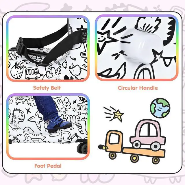 Alt view image 7 of 7 - Kids Ride-On Suitcase, Hardshell Luggage with Safety Belt & TSA Lock | DIY Coloring Design, 4 Spinner Wheels, Safety Belt, Foot Pedal, Lightweight & Durable Shell, Stable Ride Design