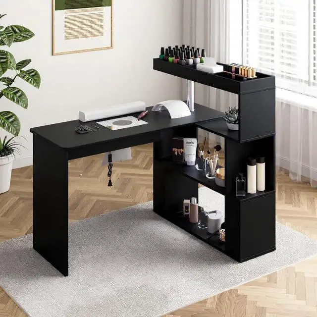 Alt view image 2 of 7 - Manicure Table, L-Shaped Nail Tech Desk with Dust Collector, Reversible Rotating Table & Storage Shelf, Acetone Resistant Beauty Salon Station, Black